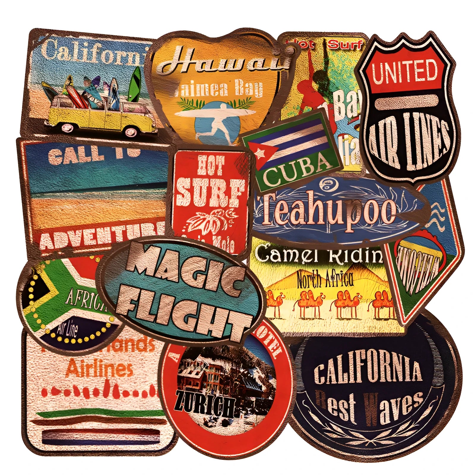 36 piece retro beach sticker collection showing surfing and travel designs with matte finish