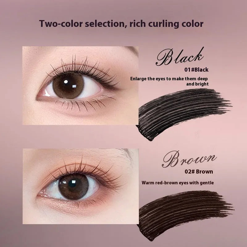 Black mascara tube with brush applicator for curling and volumising lashes