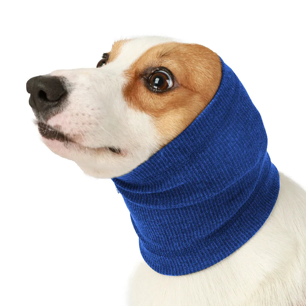 Blue and grey polyester dog headband scarf comforter in sizes S, M, L