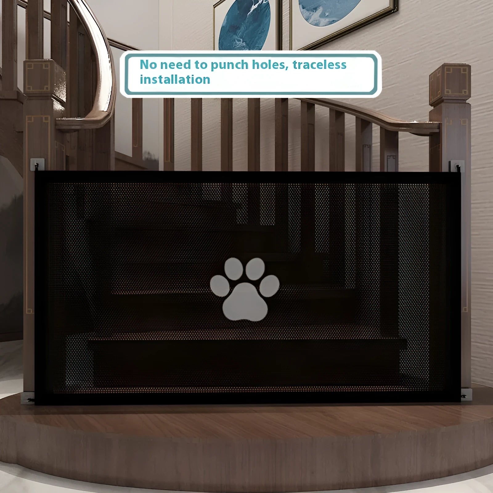 Folding dog barrier with black dog footprints, standing in doorway with plastic support rods