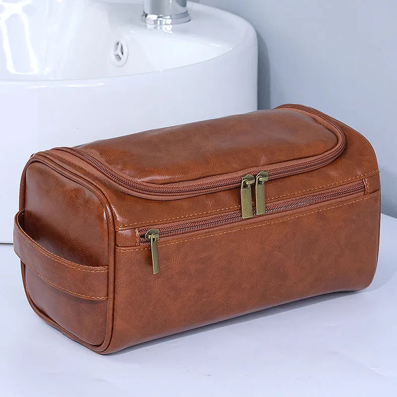 Large capacity waterproof cosmetic bag in PU leather or Oxford cloth, shown in beige colour.