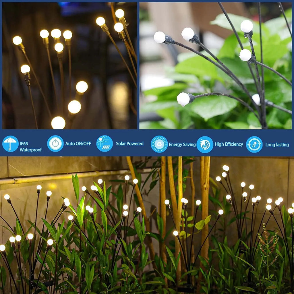 Solar-powered LED firefly garden spike light with stainless steel ground stake illuminated at dusk.