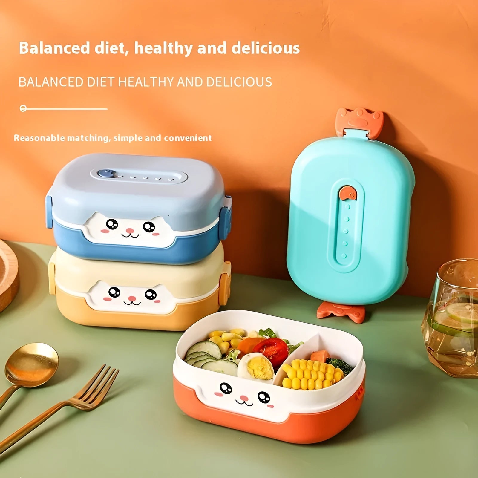 Square plastic divided lunch box with cartoon design in dark blue, orange yellow, or pink and green colours.