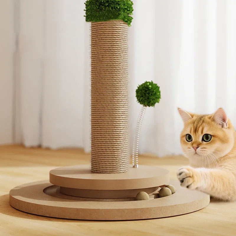 Canna coloured vertical cat climbing frame with hemp rope scratching posts and chamfered grab columns