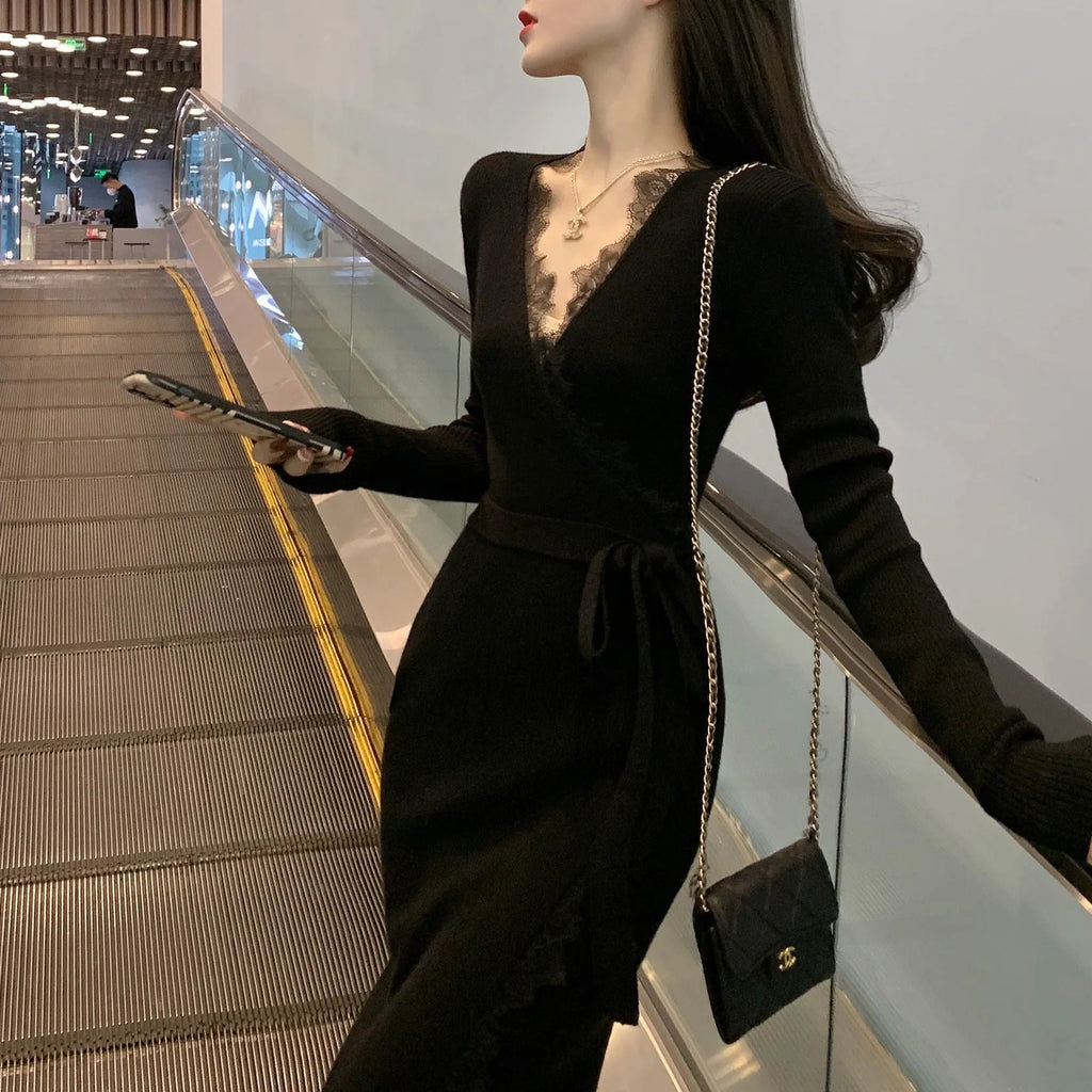 Women's solid black slim fit wool skirt with princess dress styling and free size fitting