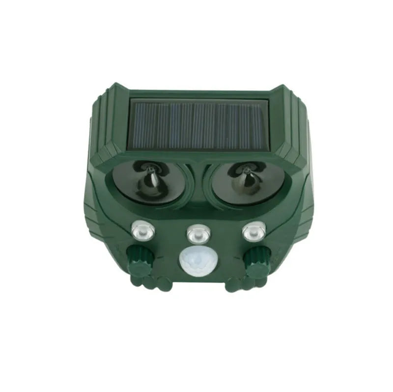 Green solar ultrasonic animal repeller unit with solar panel and LED lights
