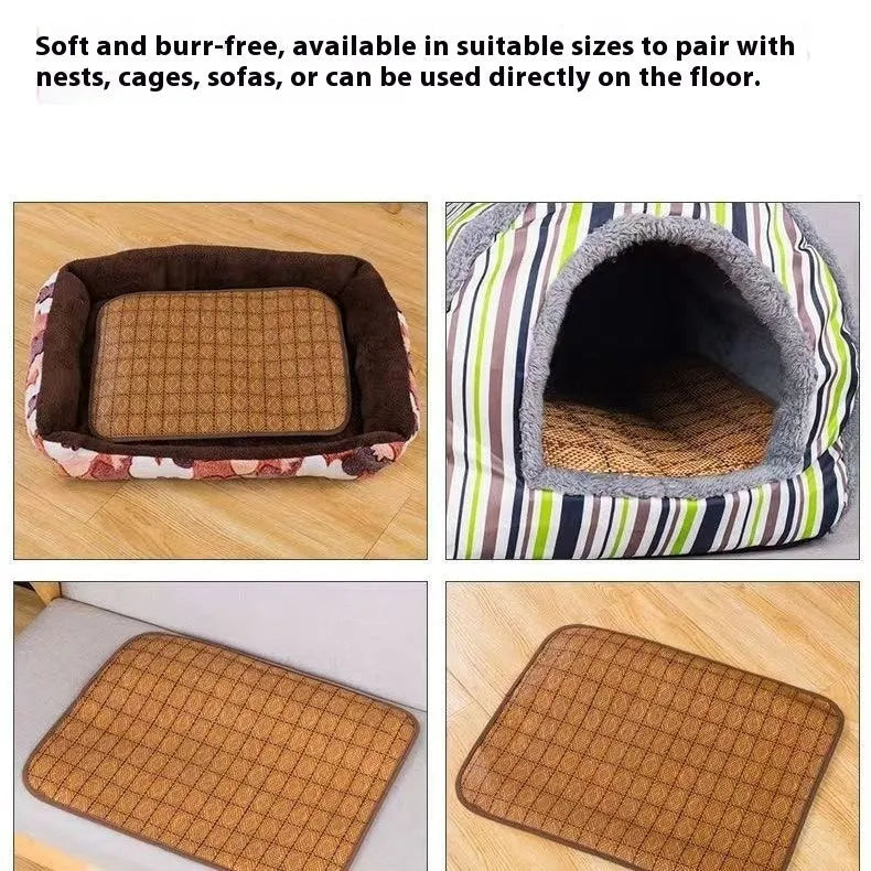 Brown rattan fibre cooling mat for dogs on a wooden floor