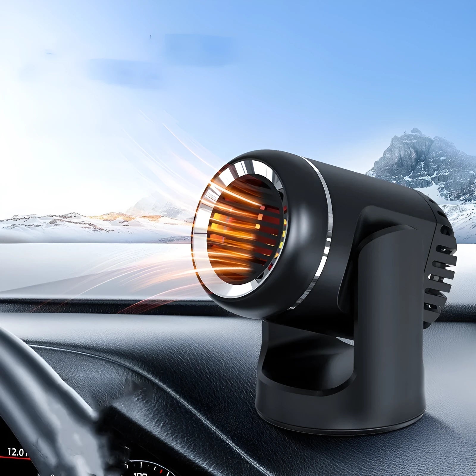 Black and white 12V car heater with dual hot cold settings for vehicle defrosting and climate control