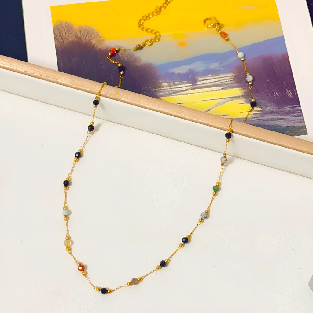 Gold titanium steel necklace with natural stone pendant on O-ring chain