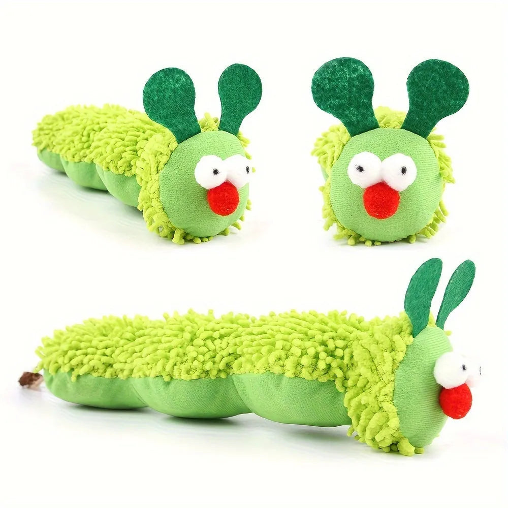 Green plush interactive cat toy pillow on a white background