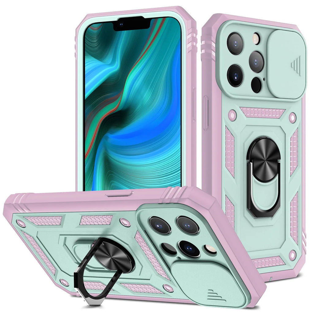 Magnetic iPhone case with sliding window bracket in two-tone colour options for iPhone 12 and 13 models