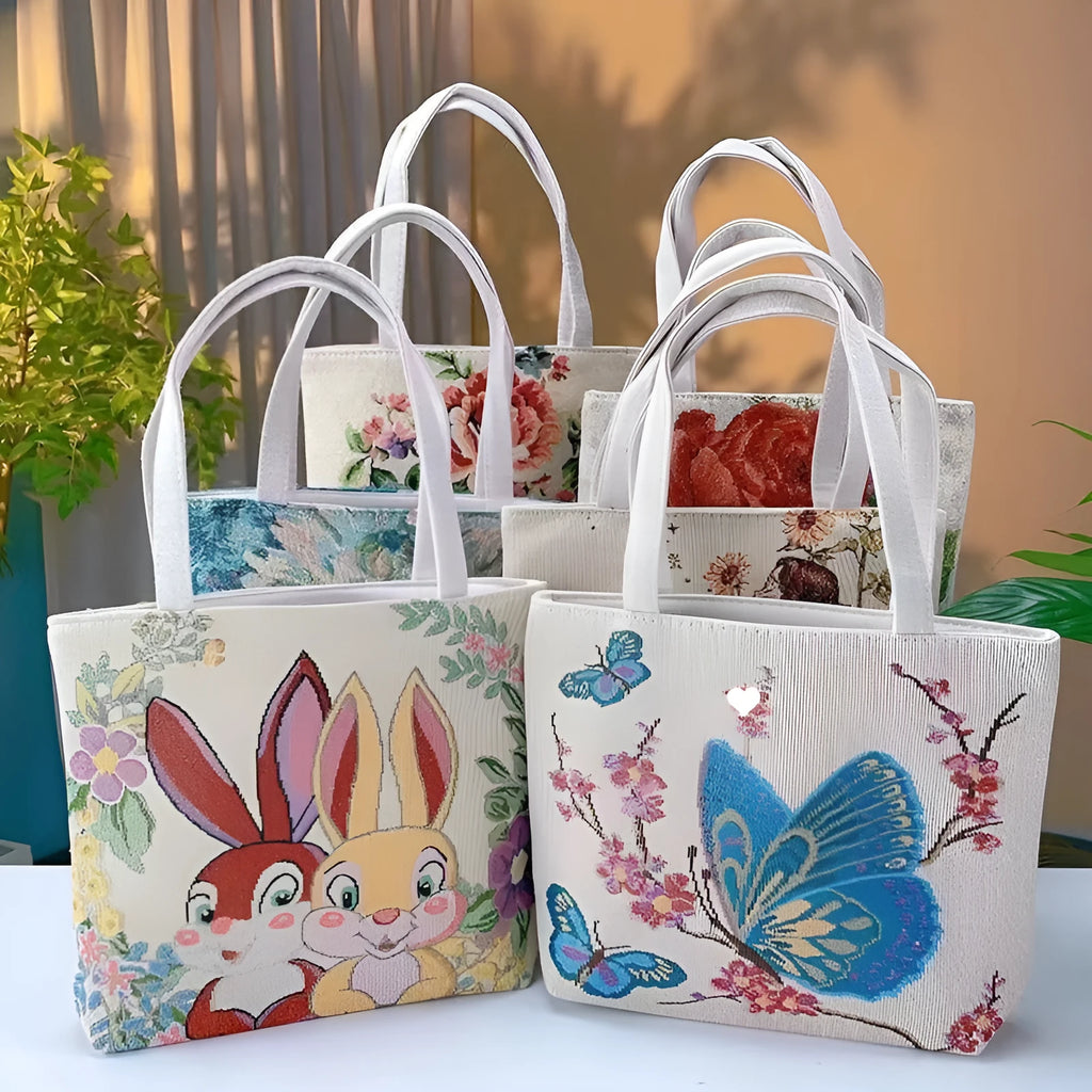 Double-sided gold wire embroidered canvas tote bag showing front and back design, available in multiple sizes and colours.