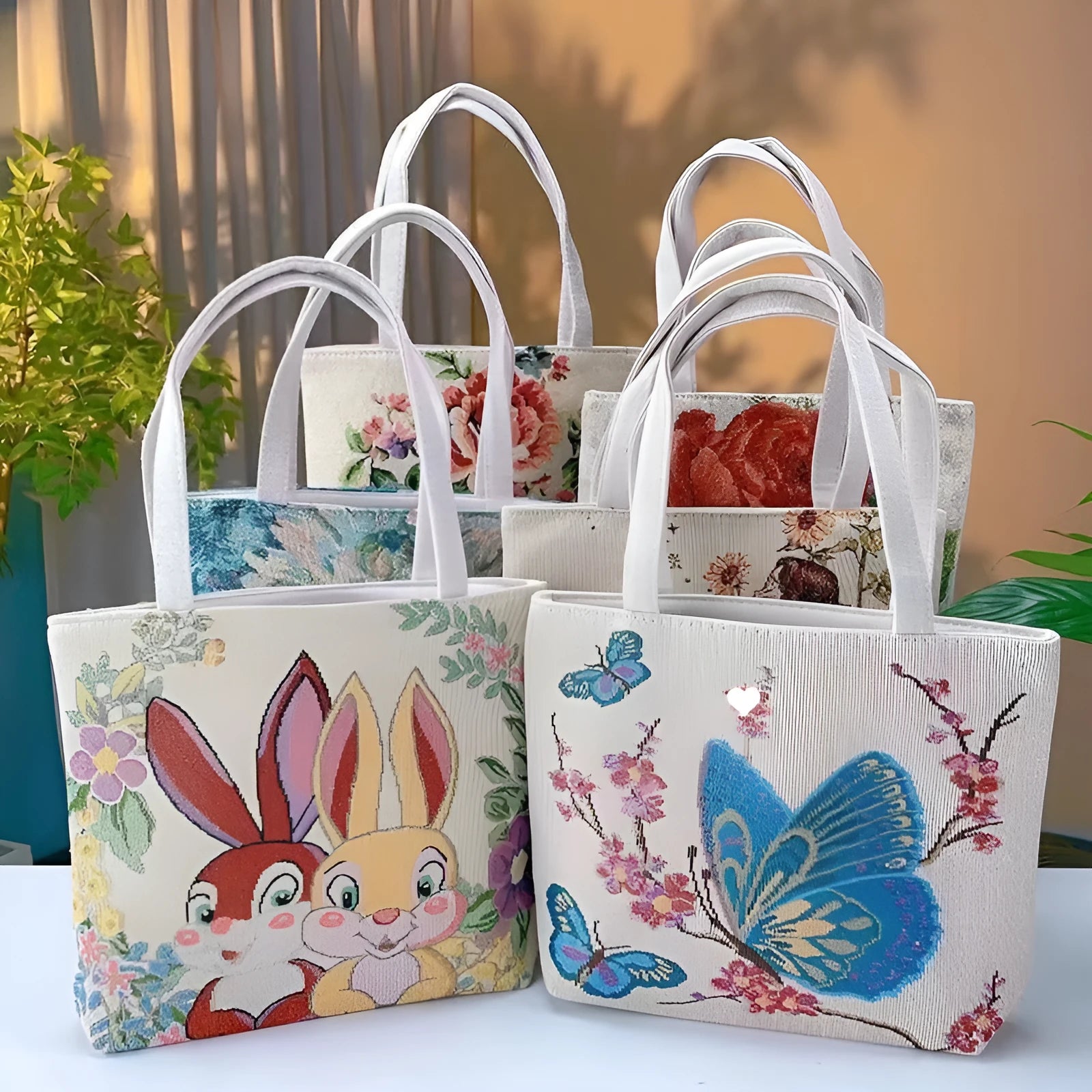 Double-sided gold wire embroidered canvas tote bag showing front and back design, available in multiple sizes and colours.