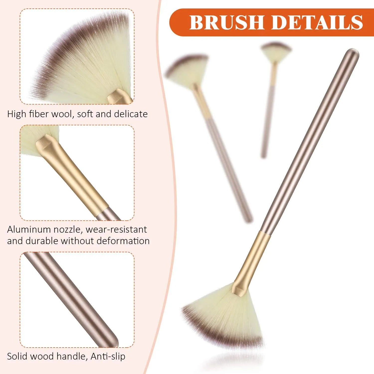 10 professional facial fan brushes with champagne finish handles and protective covers for makeup and treatment application