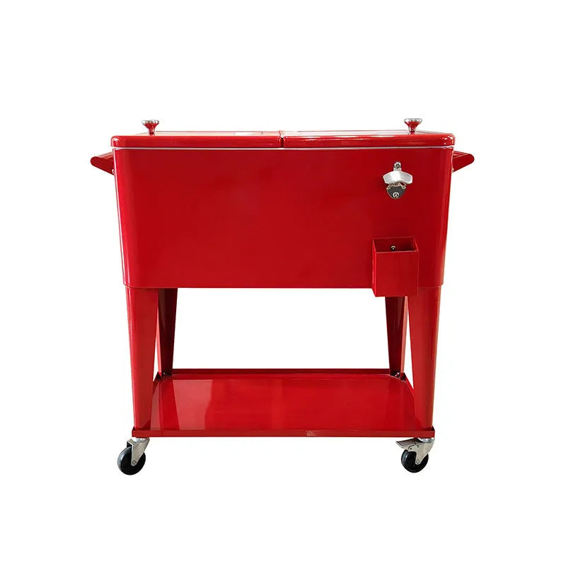 Red outdoor insulated cart with wheels for picnic food and drink temperature control
