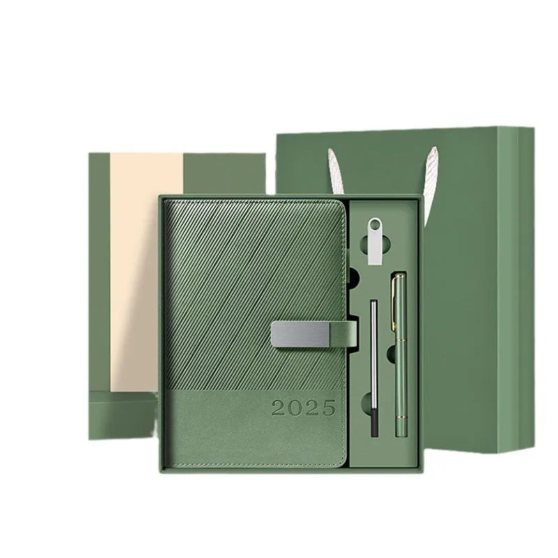 A5 striped PU leather business notepad open on a desk, showing thickened paper, available in eight colours.