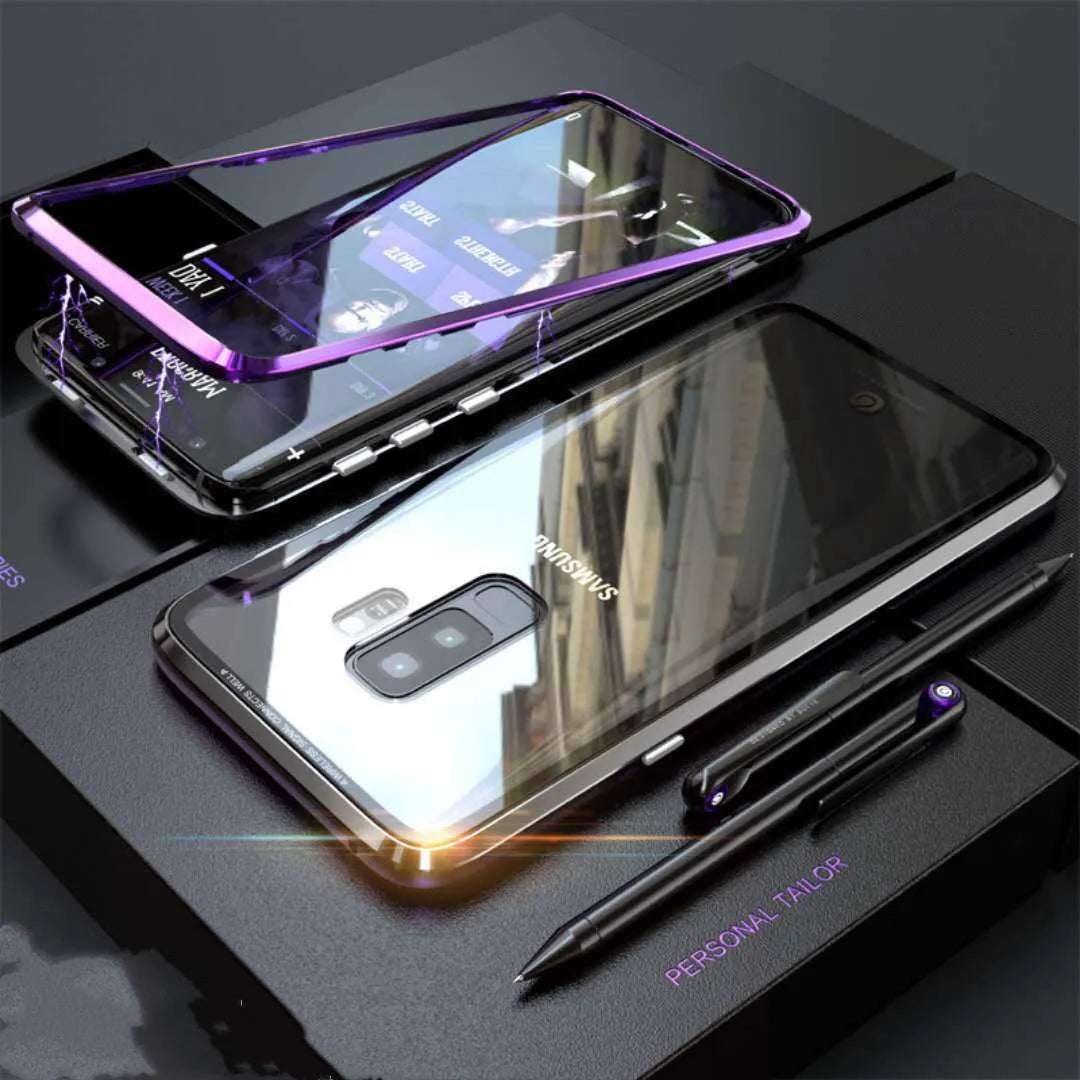 Black clamshell anti-peeping magnetic phone case for Samsung Galaxy phone shown open and closed