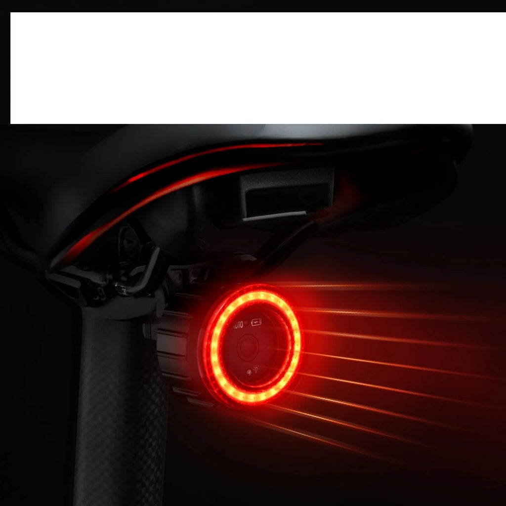 Black intelligent induction brake taillight for bicycles with aluminium alloy housing and dual mounting brackets