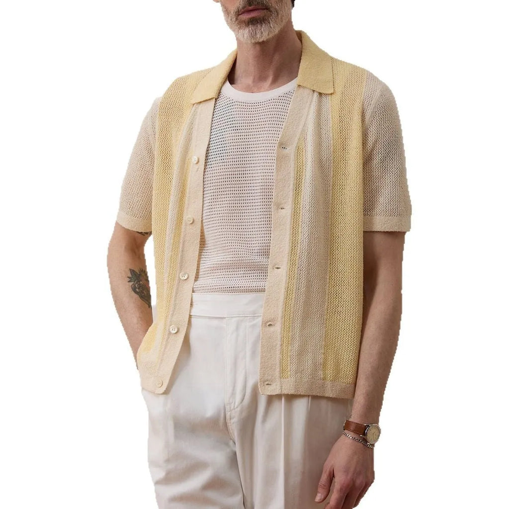 Yellow men's polo shirt with hollow-out knit design and asymmetric details in Tencel fabric