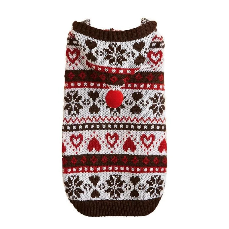 Pink, blue, and grey striped camouflage dog sweater with snowflake and love motifs for small breeds.