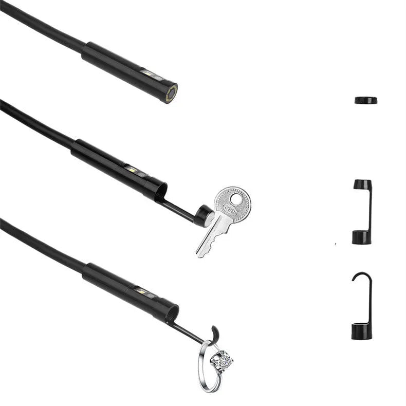 F300 wireless dual lens endoscope with 5.5mm and 8mm probes, magnet, hook, and smartphone display