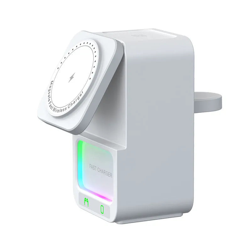 White 5-in-1 Bluetooth speaker wireless charger with magnetic charging support and QC3.0 fast charging