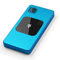 Silver alloy power bank with LCD display showing battery percentage.