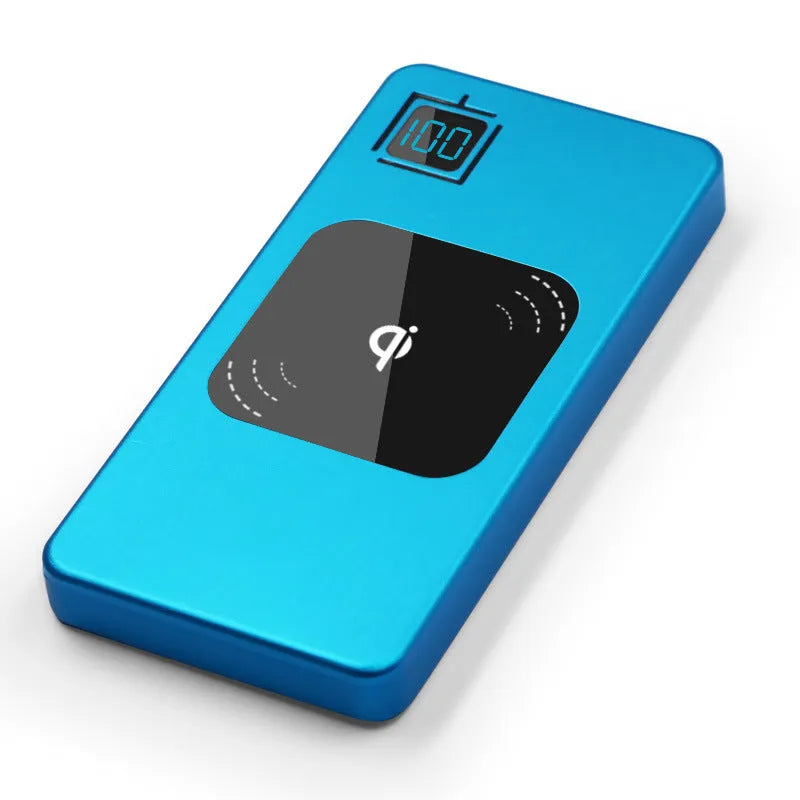 Silver alloy power bank with LCD display showing battery percentage.