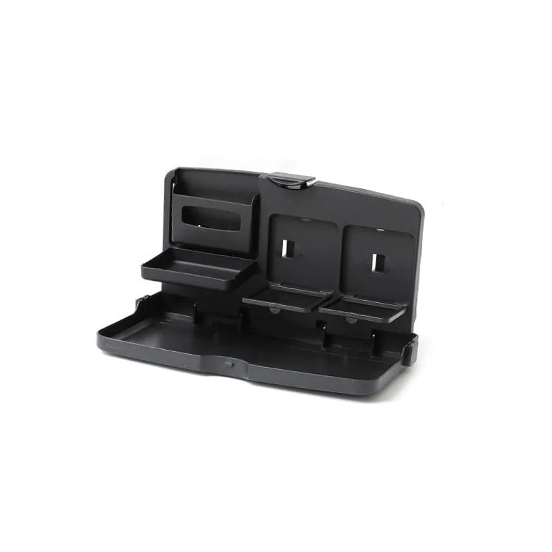 Large black ABS car steering wheel laptop stand with integrated foldable cup holder, mounted on a car steering wheel.