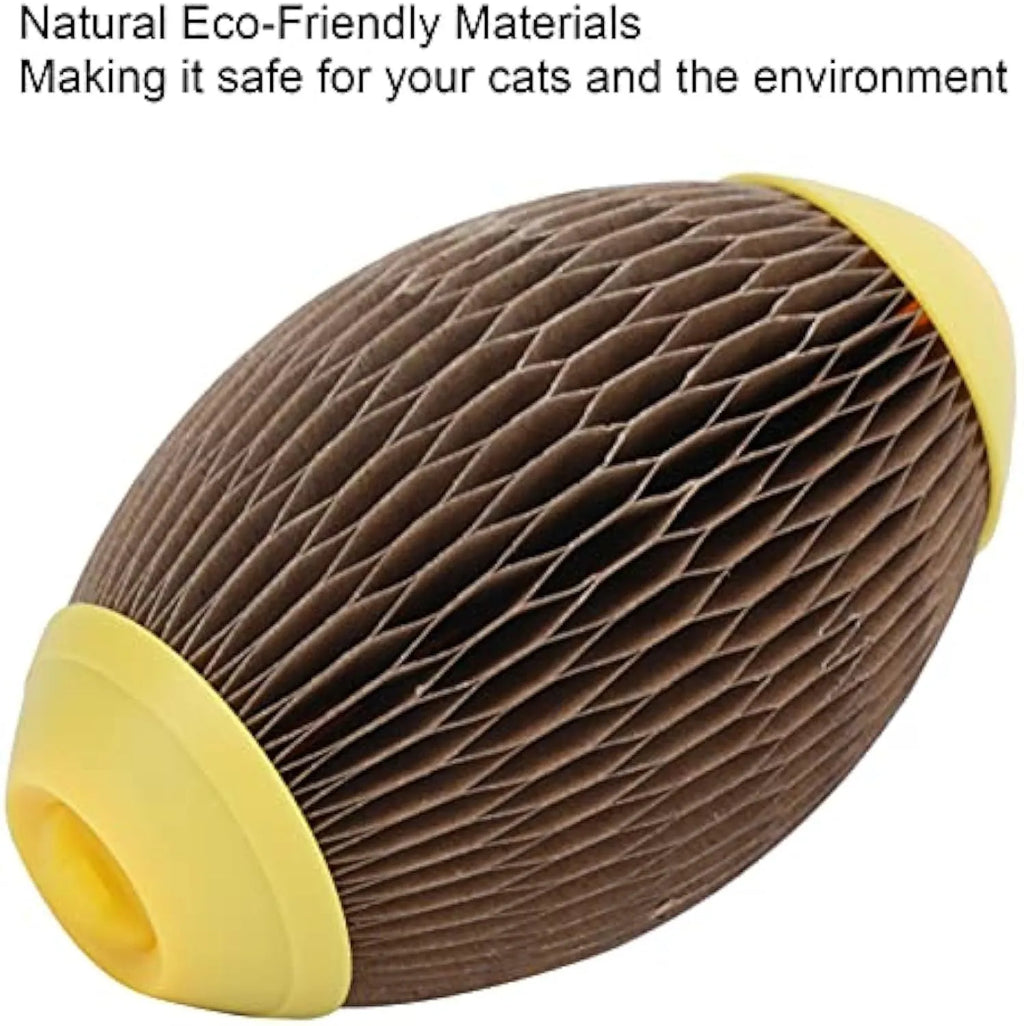 Ellipse-shaped catnip scratch ball toy made from recycled corrugated paper for feline exercise and play