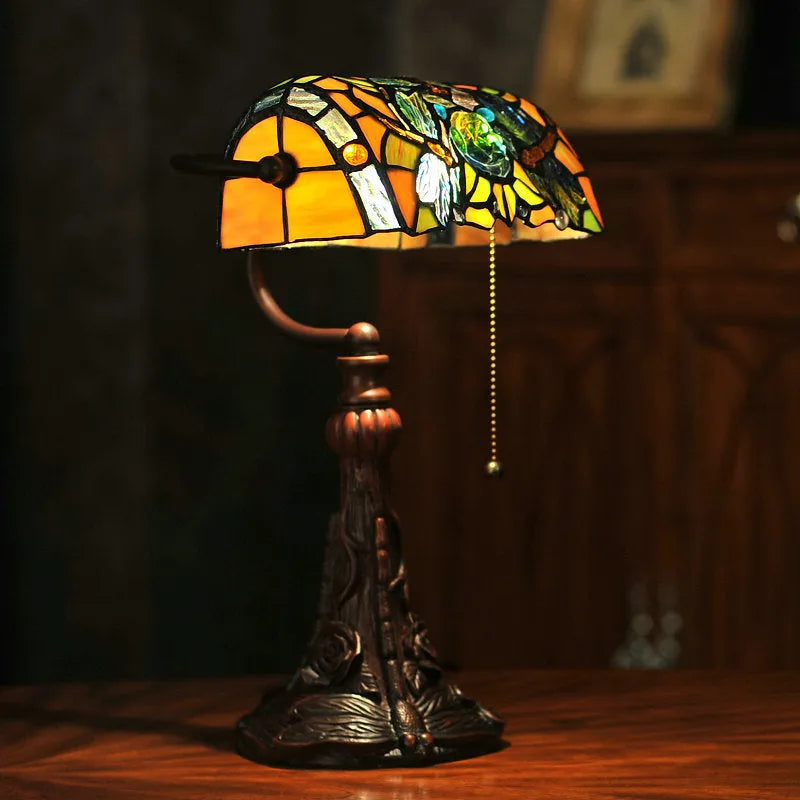 10-inch Tiffany stained glass table lamp with coloured shade on resin base