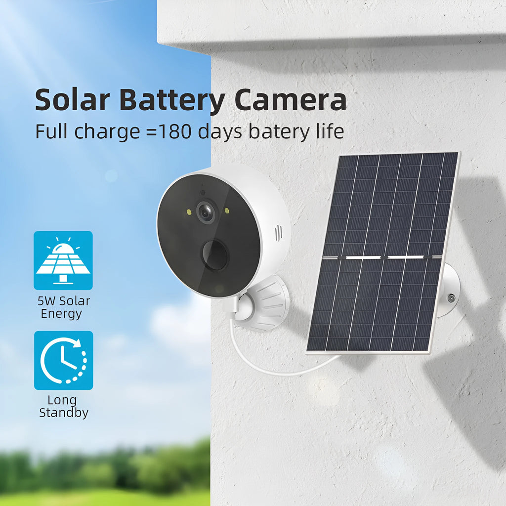 Solar powered outdoor security camera with 1080P resolution and included solar panel for continuous charging