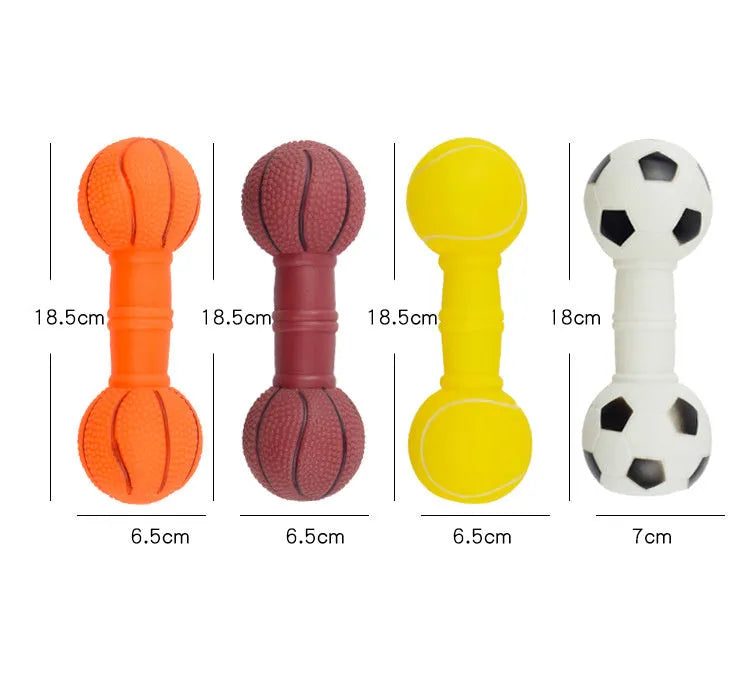 Non-toxic PVC squeaky dog toy shaped like a colourful football dumbbell.