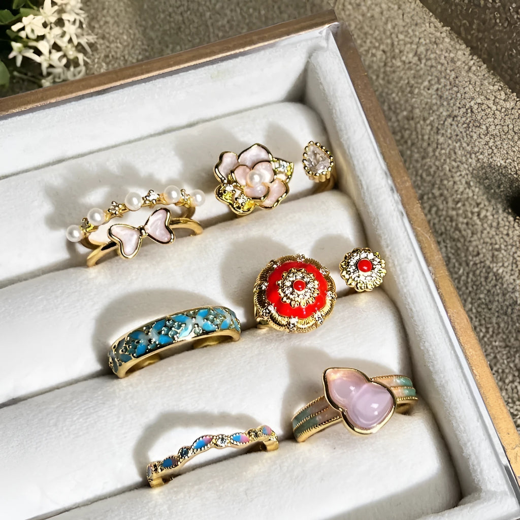 Adjustable copper ring with gourd motif, flower and bow shapes, zircon stones in six colour options