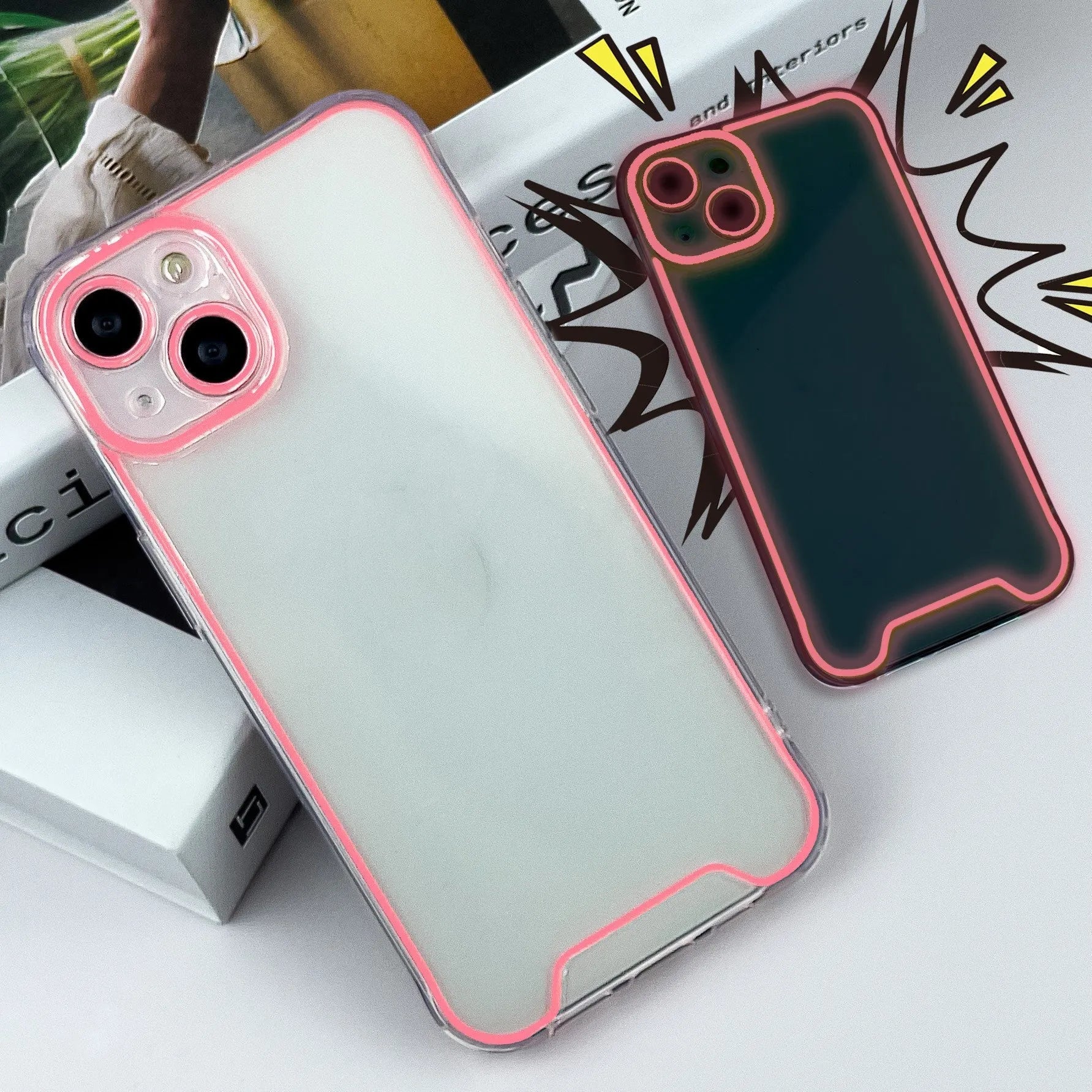 Glow in the dark Christmas phone case for iPhone in green, orange, blue, yellow, and pink colours.