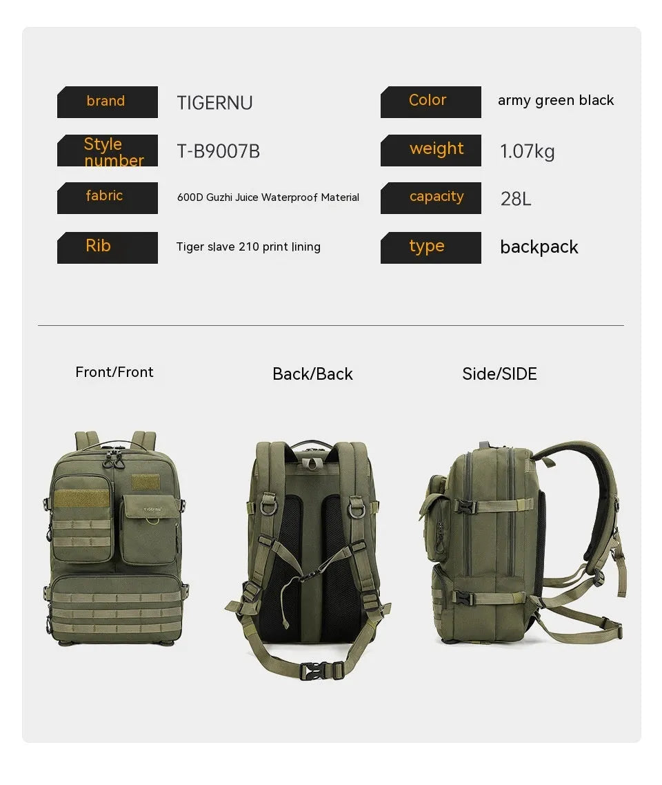 Army Green tactical nylon backpack with 17-inch laptop compartment and 20-35L capacity.