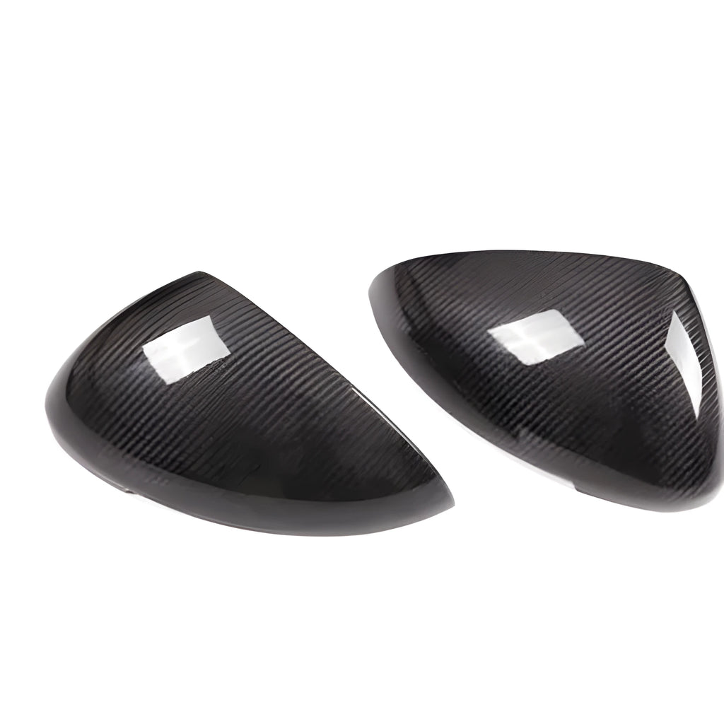 Pair of true carbon fibre rearview mirror covers for Porsche Macan, black finish.
