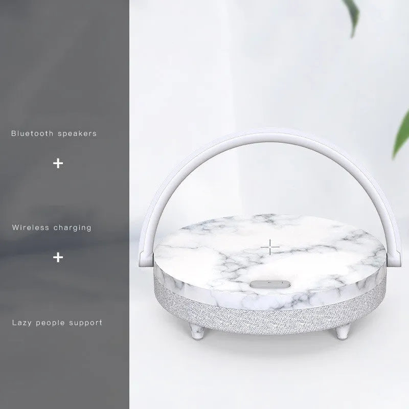 Wireless charging LED night light with Bluetooth speaker and phone holder in marble pattern finish