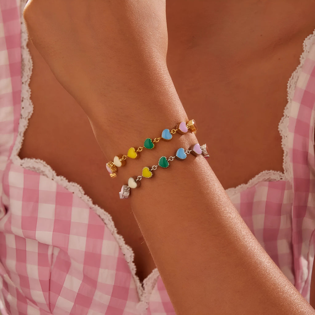 Women's stainless steel bracelet with heart pendant and colourful oil necklace elements