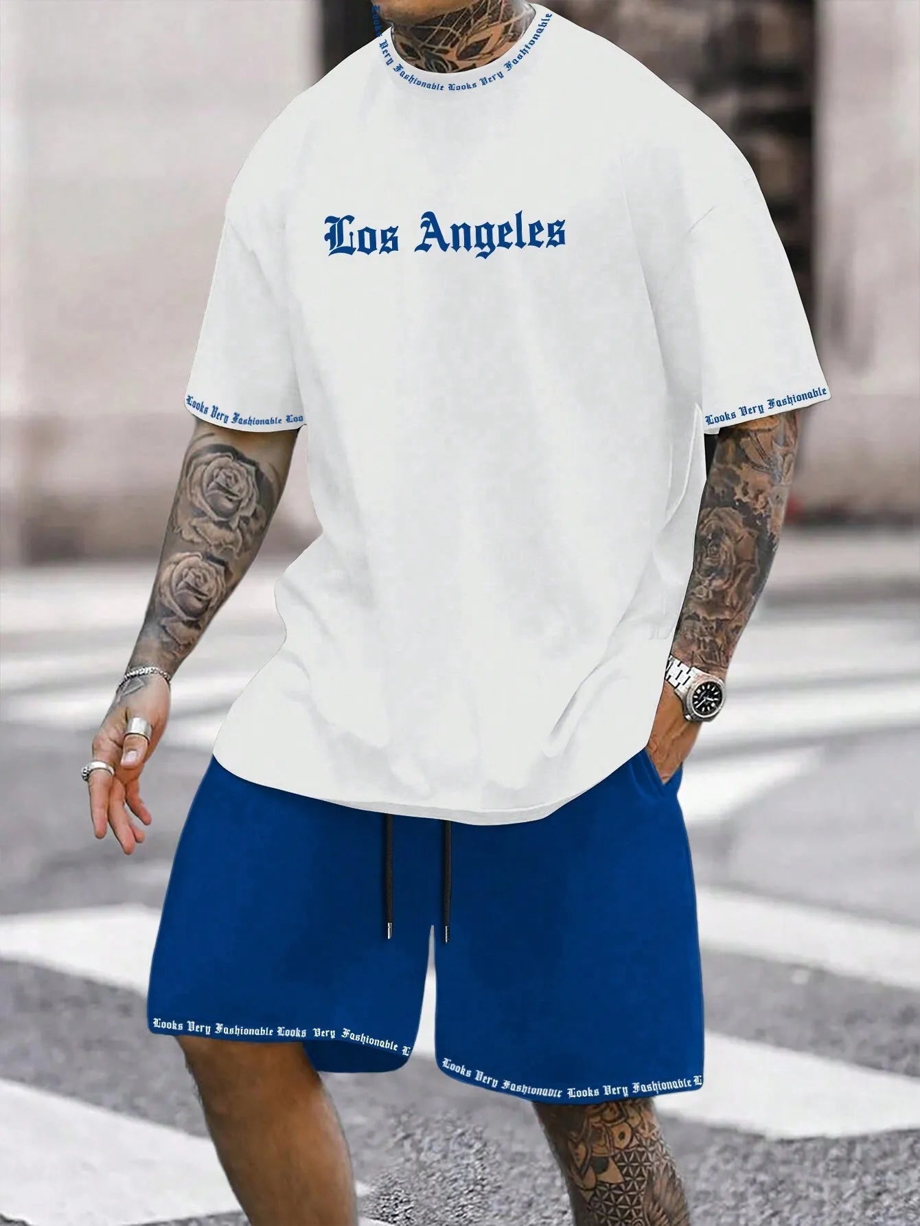 Sports style short sleeve top and shorts set in thin quick-drying fabric, shown in a printed pattern.