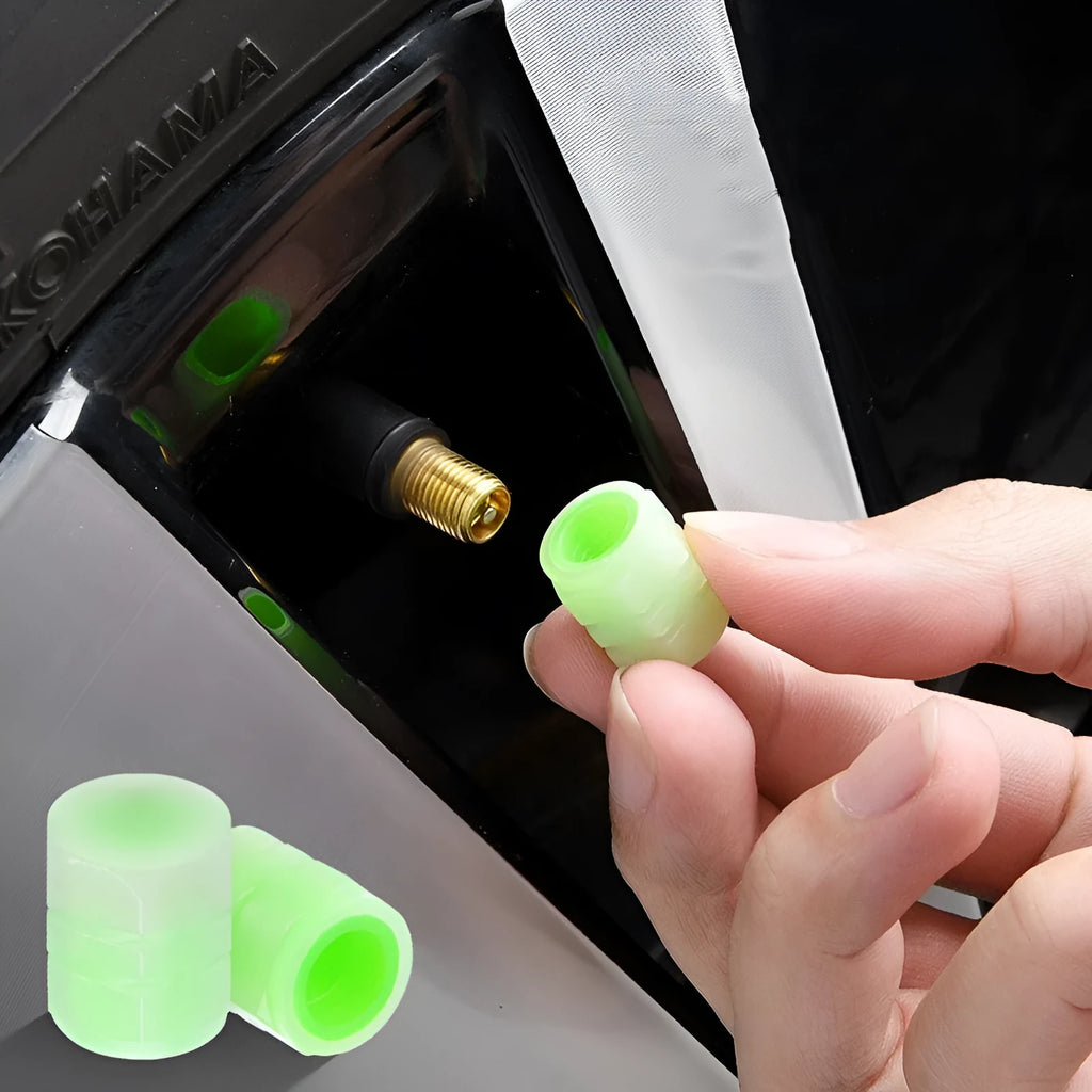 Rubber luminous valve caps for car tyres in 4 or 8 piece sets, 16mm by 12mm size