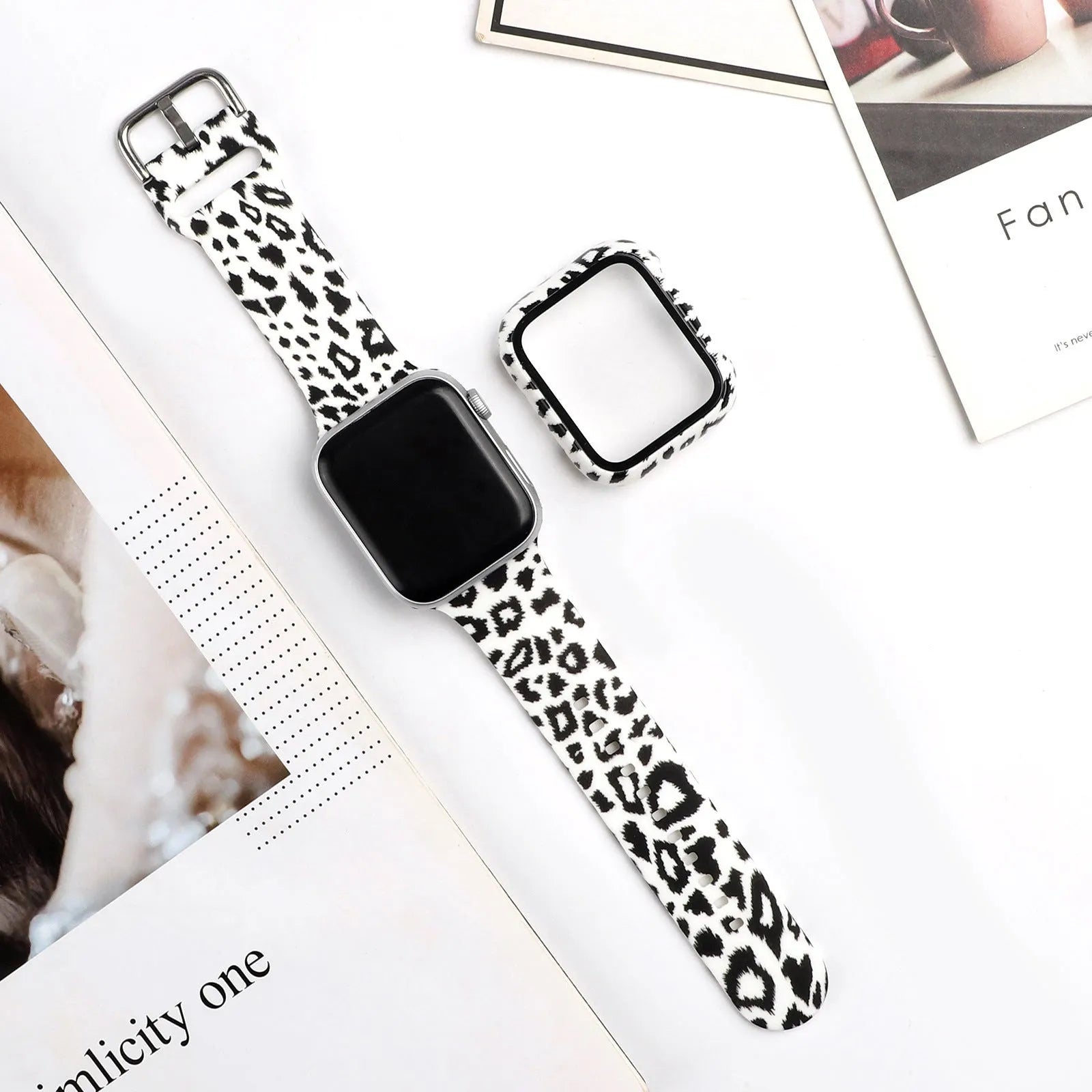 Printed fashion silicone replacement strap for Apple Watch showing multiple design options and 38mm 40mm 42mm 44mm size compatibility.