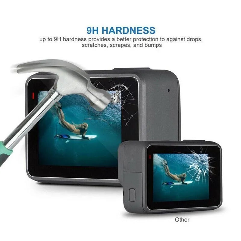 GoPro Hero camera with transparent tempered glass lens protector and LCD screen protector applied.