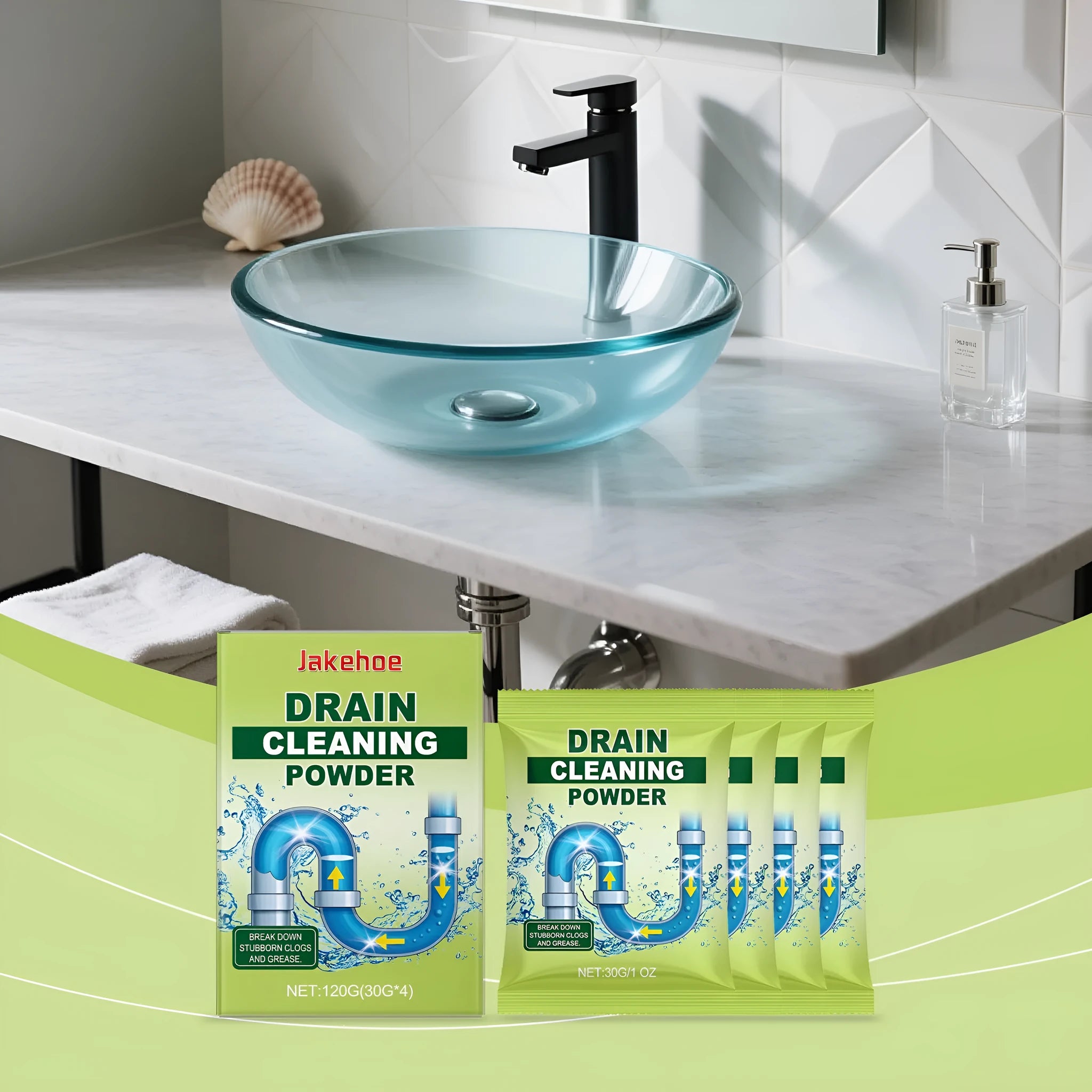 120g pack of drain cleaning powder with sodium hydroxide for blocked sinks and pipes