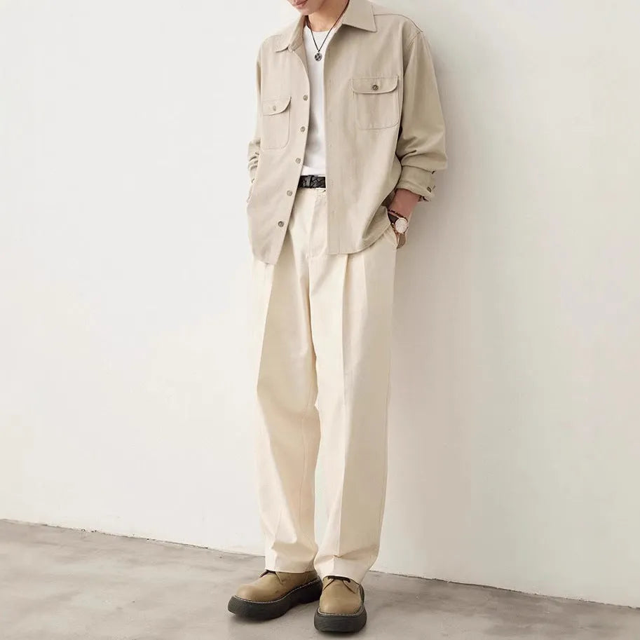 Men's lapel collar casual shirt in chemical fibre blend fabric showing simple profile design