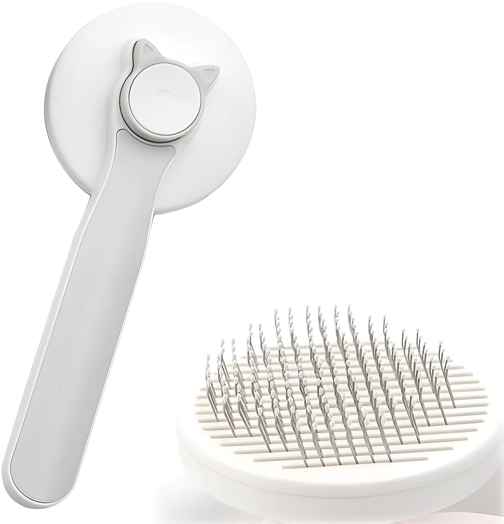 Blue self-cleaning cat and dog grooming brush with rubber handle on a white background.