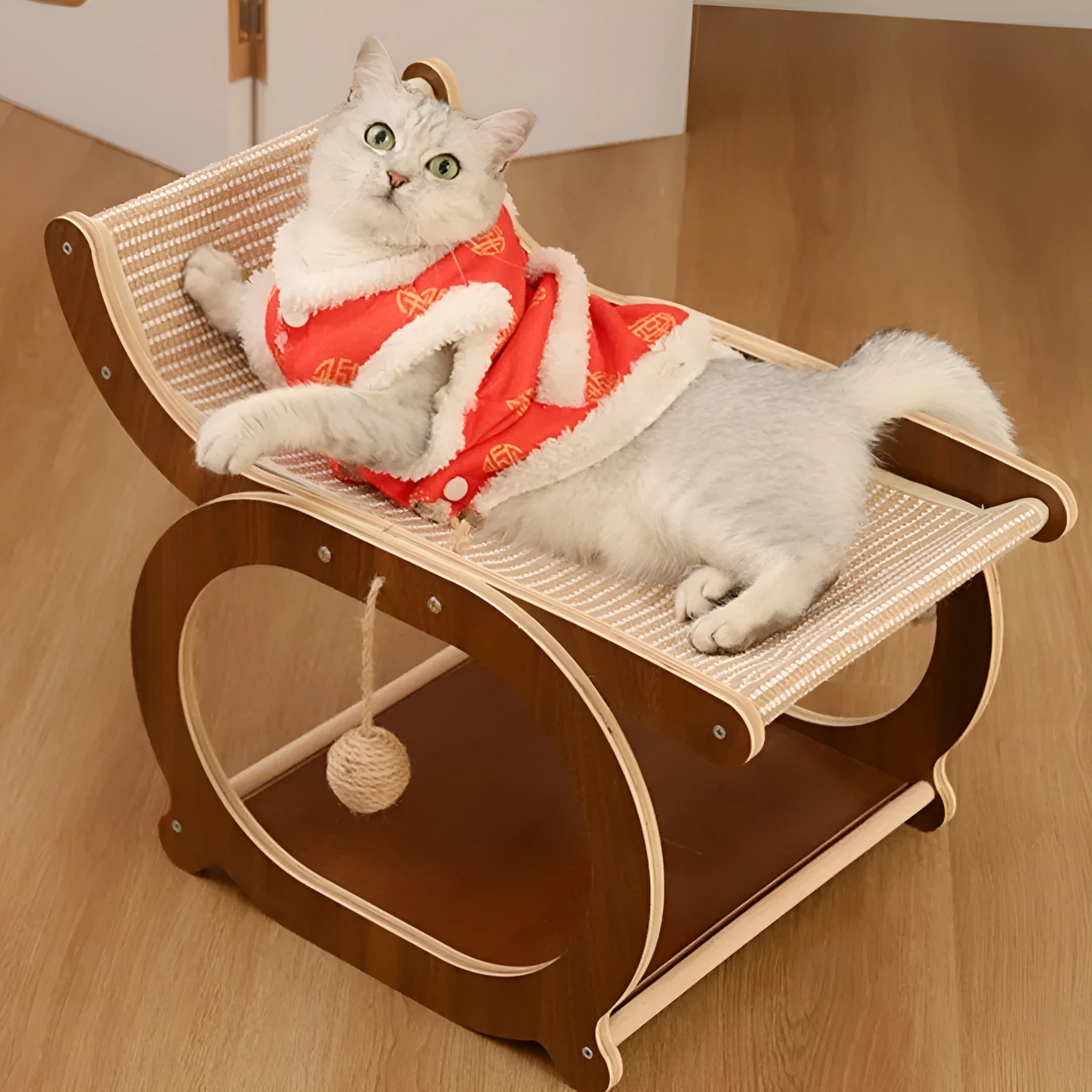 Solid wood cat scratching mat with sisal surface in walnut colour, designed as a recliner bed.