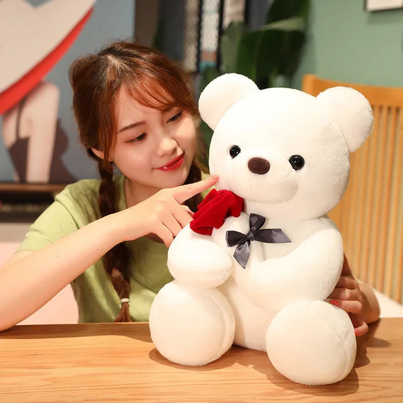Rose bear plush teddy bear stuffed animal toy in beige, brown or grey colours showing cartoon design