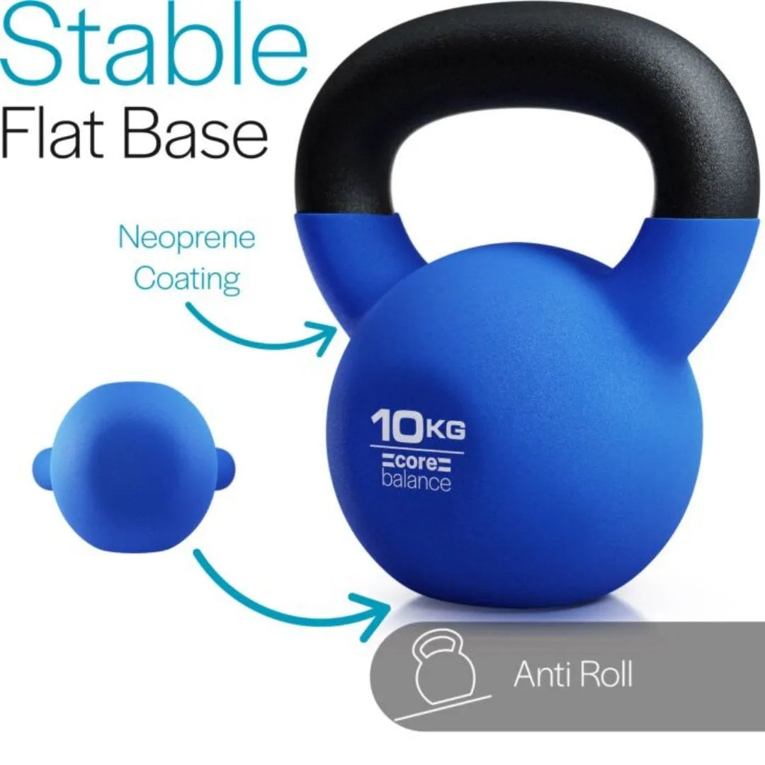 Blue solid cast iron teapot dumbbell on a grey background showing handle and 10kg weight.