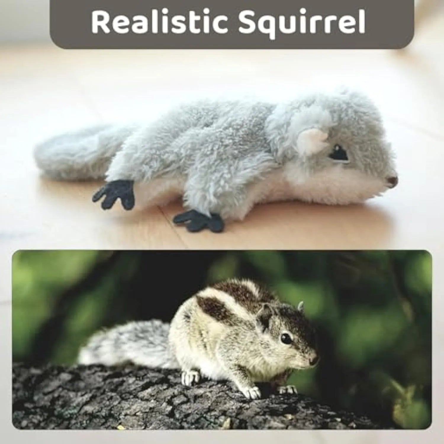 Grey flapping squirrel cat toy with motion sensor, USB charging port, and soft plush material